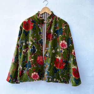 Green Velvet Floral Jacket, Boho Vintage Style Coat, Handmade Botanical Print Jacket, Women’s Statement Jacket, Indie Bohemian Outerwear