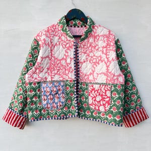 Hand Block Printed Quilted Cotton Jacket, Pink Green Floral Bomber, Cropped Patchwork Coat