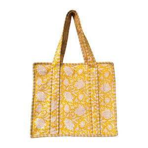 Quilted Cotton Handprinted Reversible Large  Floral Tote Bag Eco friendly Sustainable Sturdy Grocery Shopping Handmade Art Boho Gift For Her