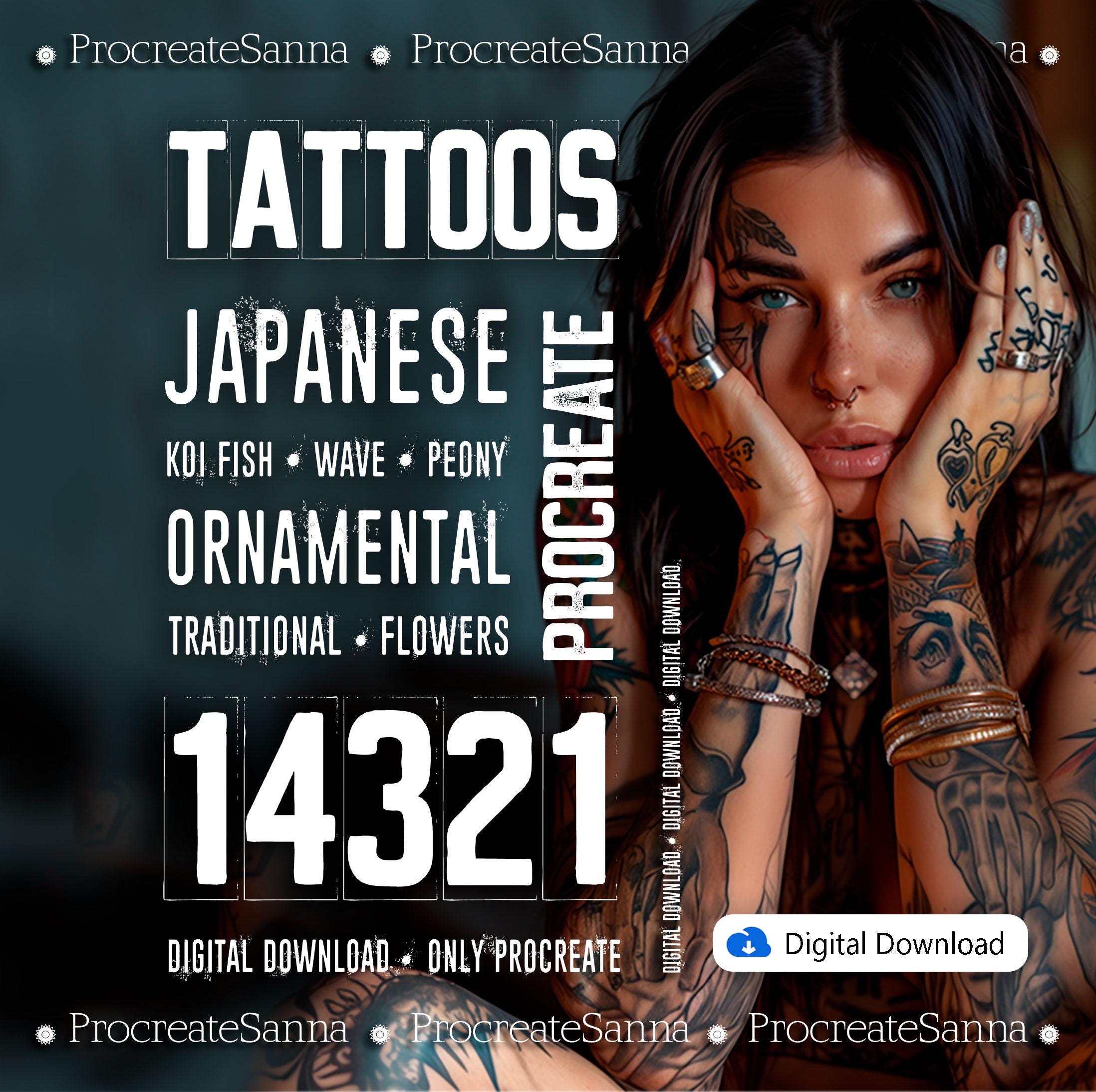 Procreate Tattoopinsel - Digitales Produkt - Tattoostempel traditionelle Procreate Blumenpinsel neotraditional stempel Totenkopf Hexe japanes