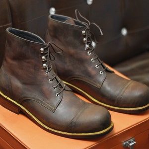 New Men's Handmade Formal Shoes Brown Leather Lace Up Stylish Ankle High Cap Toe Combat Boots
