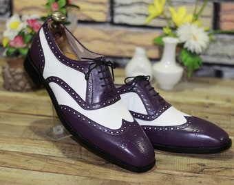 New Men's Handmade Formal Shoes Purple White Leather Lace Up Stylish Wing Tip Dress & Formal Wear Shoes