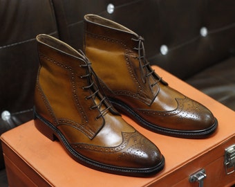 New Men's Handmade Formal Shoes Brown Shaded Leather Lace Up Stylish Ankle High Wing Tip Dress Boots
