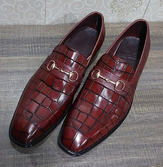 New Men s Handmade Formal Shoes Burgundy Shaded Crocodile Textured