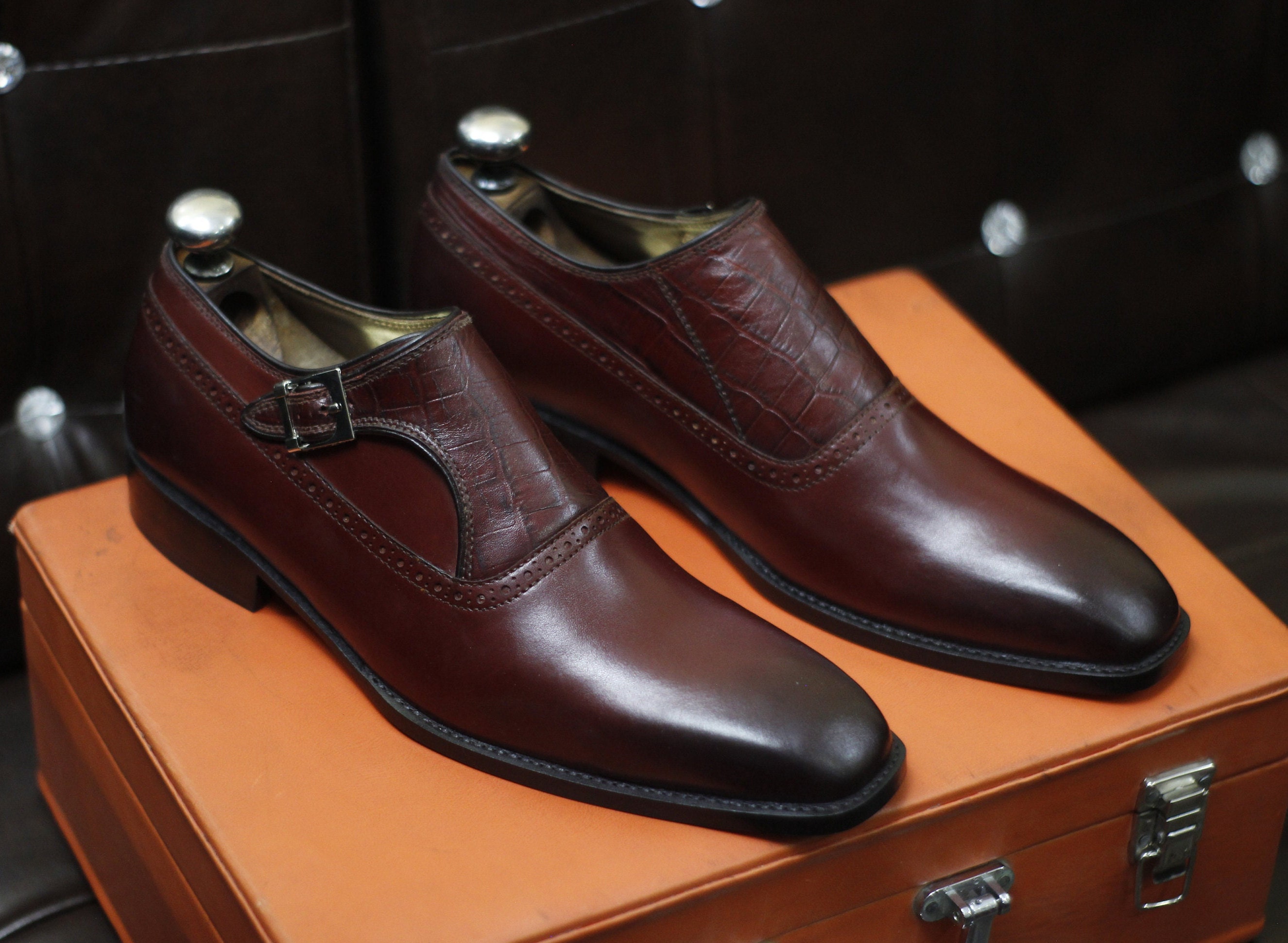 New Men's Handmade Formal Shoes Burgundy Leather Single Monk Stylish Buckle Strap Dress \u0026 Formal Wear Shoes