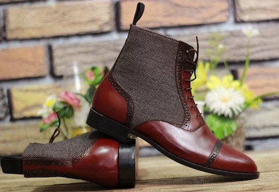 New Men's Handmade Formal Shoes Burgundy Leather and Tweed 