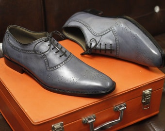 New Men's Handmade Formal Shoes Grey Leather Lace Up Stylish Brogue Toe Dress & Formal Wear Shoes