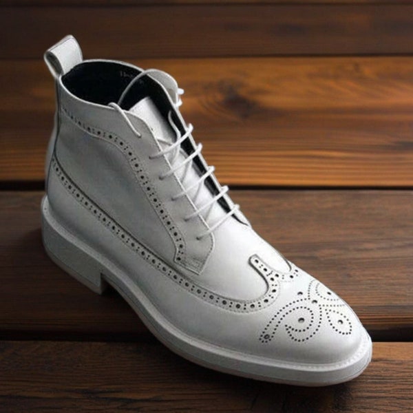 Men's Genuine White Leather Ankle High Long Brogue Wingtip Boots: White Leather Spectator Elegance