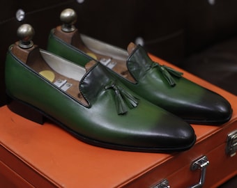 New Men's Handmade Formal Shoes Green Shaded Leather Slip On Stylish Loafer Teasels Dress & Formal Wear Shoes