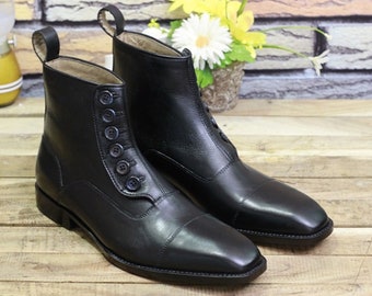 New Men's Handmade Formal Shoes Black Leather Ankle High Cap Toe Stylish Button Boots