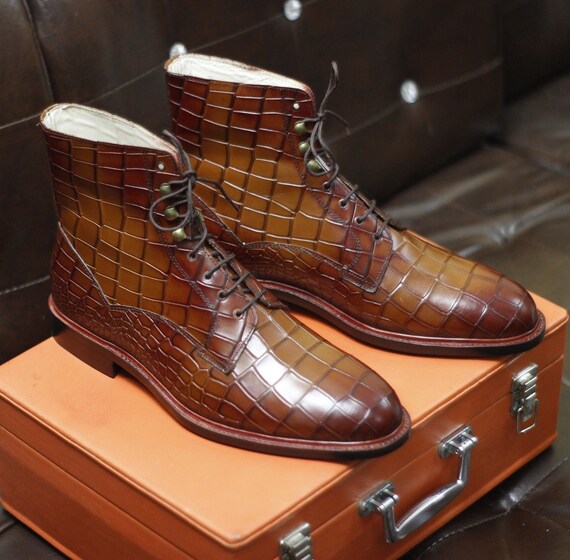 Buy New Men s Handmade Formal Shoes Brown Shaded Crocodile