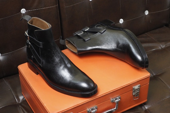New Men s Handmade Formal Shoes Black Leather Ankle High Double