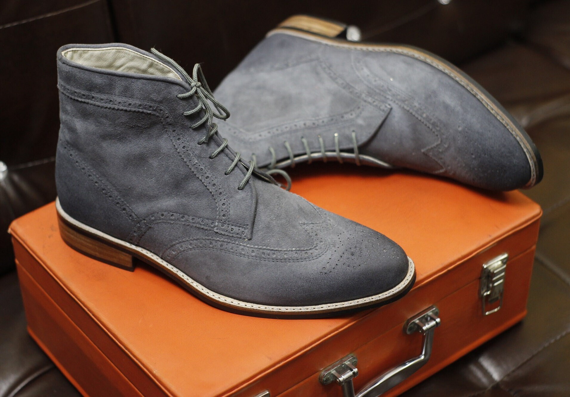 New Men's Handmade Formal Shoes Grey Suede Leather Lace Up Ankle High Wing Tip Style Dress \u0026 Formal Boots