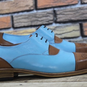 New Men's Handmade Formal Shoes Two Tone Blue & Brown Leather Lace Up Stylish Cap Toe Brogue Dress / Casual Wear Shoes
