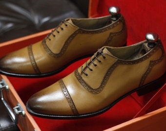 New Men's Handmade Formal Shoes Tan Brown Shaded Leather Lace Up Stylish Cap Toe Dress & Formal Shoes