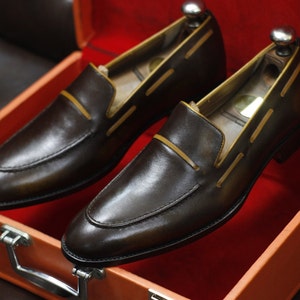 New Men's Handmade Formal Shoes Brown Shaded Leather Loafer Stylish Slip On Moccasin Shoes