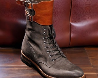 New Handmade Tan and Grey Men's Military Style Superb Leather Boots Long Men Boots