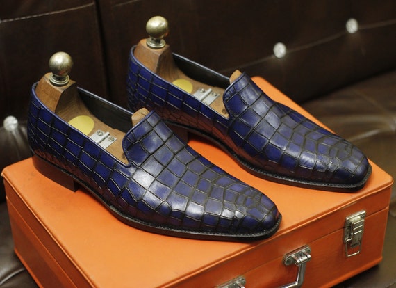 Handmade Men Blue Crocodile Textured Leather Moccasin Dress Shoes for Men,  Men Blue Formal Dress Shoes