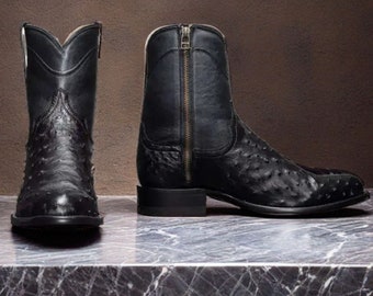 Handgefertigte Cowboy-Stiefel aus reinem schwarzem Leder Schwarz-Straußenleder-Cowboy-Stiefel mit seitlichem Reißverschluss