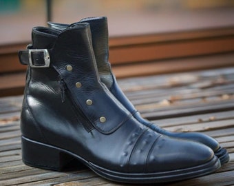 Jo Ghost Italienisches Schwarz Kalbsleder Kampf Jodhpur Schnalle Boot mit Reißverschluss und Knopf - Ein Stilvolles Geschenk für Herren Schuh-Kollektion