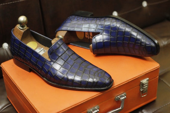 New Men's Handmade Formal Shoes Navy Blue Shaded Crocodile 