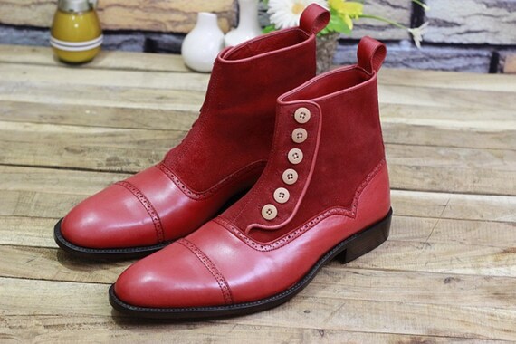 New Men s Handmade Formal Shoes Red Leather Suede Ankle High Cap Toe Stylish Button Boots Etsy