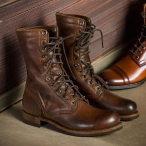 Tough and Timeless: Men's Military Combat Boots - Original Brown Leather, High Ankle, Lace-Up Army Shoes