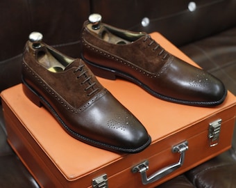 New Men's Handmade Formal Shoes Brown Leather and Suede Lace Up Stylish Brogue Toe Dress & Formal Wear Shoes