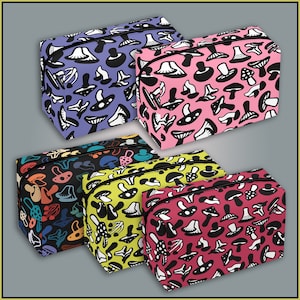 May include: Five colourful zippered pouches with a mushroom pattern. The pouches are in shades of pink, purple, black, yellow, and red. Each pouch has a different mushroom design.