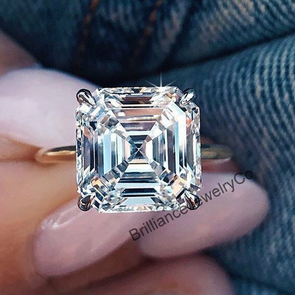 5.62CT Asscher Cut Moissanite Engagement Ring, Solitaire Colorless Moissanite Two Tone Wedding Ring Moissanite Ring in 14K Yellow Gold Ring