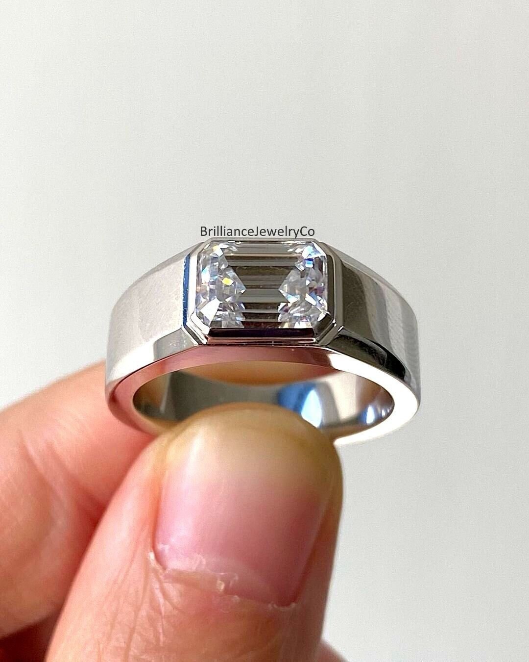 Classic Men's Solitaire Ring, 1.75 CT Emerald Cut Colorless Moissanite ...
