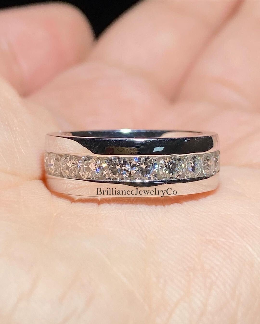 Men's Sterling Silver Channel Set Wedding Band With Lab Created Blue Sapphire | Size 12 - View #2