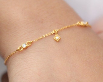 14k Gold Chain Bracelet, Stackable Bracelet, CZ Stone Bracelet, Long and Short Chain Bracelet, Minimal Chic Bracelet, Gift For Her