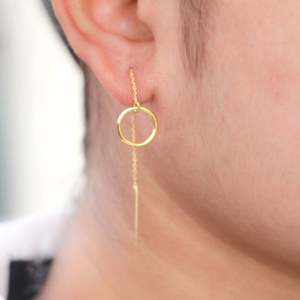 Circle Ear Threader Earrings, Long Chain Earrings, Thin Threader Earrings, Drop Chain Earrings, Pull Through Dangling Earring