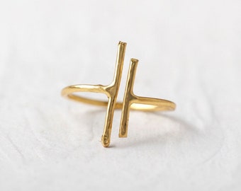 Doppelbar offener Ring, moderner minimalistischer Ring, geometrischer Ring, 14k Gold Vermeil Ring, Parallel Bar Ring, Gold Knuckle Ring, Schwester Geschenk Ring