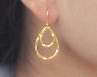 Hammered Gold Teardrop Earrings, Gold Dangle Earrings, Everyday Earrings, Minimalist Earrings, Double Tear Drop Earrings, Women Jewelry