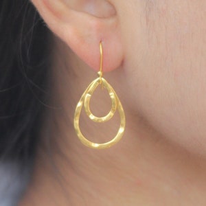 Hammered Gold Teardrop Earrings, Gold Dangle Earrings, Everyday Earrings, Minimalist Earrings, Double Tear Drop Earrings, Women Jewelry