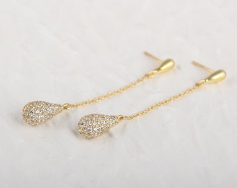 Minimal Long Water Drop Earrings, Yellow Gold Drop Earrings, Delicate Cubic Zircon Drop Earrings, Gold Dangle Earring, Gift For Wife