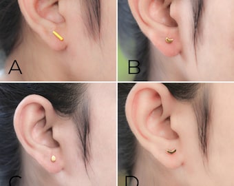 Dainty Stud en Vermeil d’or 14 carats, clous d’or géométriques, petits clous d’or, clous demi-lune, boucles d’oreilles dépareillées, clous d’or ronds carrés flèches