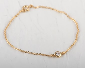 Gold Minimalist CZ Stone Bracelet, Dainty Gold Jewelry, Thin Chain Bracelet For Women, Single Stone Bracelet, Friendship Bracelet