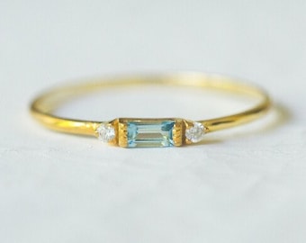 Aquamarine Ring, 14k Gold Slim Ring, Baguette Ring, Gold Vermeil Slim Stacking Rings, Knuckle Ring, Dainty Minimalist Band Rings