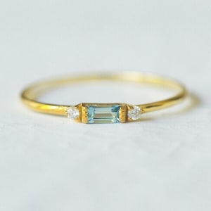 Aquamarine Ring, 14k Gold Slim Ring, Baguette Ring, Gold Vermeil Slim Stacking Rings, Knuckle Ring, Dainty Minimalist Band Rings