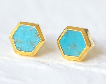 Arizona 6mm Hexagon Gold Stud, Turquoise Gemstone Stud, 14k Gold Women Studs, Delicate Studs, Birthday Gift, Gold Stud For Gift