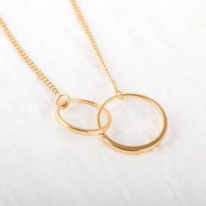 Double Linked Rings Necklace, Double Circle 14k Gold Charm, Karma Circle Necklace, Interlocking Family Circles Necklace, Birthday Gift image 2