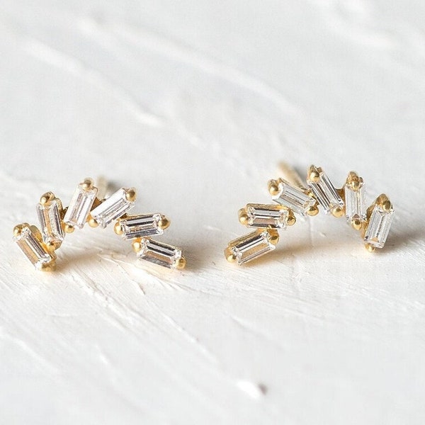 Baguette Stud Earrings, 14k Gold Studs, CZ Stone Baguette Stud Earrings, Curved Shape Stud Earrings, Dainty Minimalist Studs, Wedding Gift