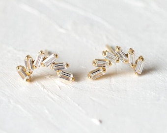 Baguette Stud Earrings, 14k Gold Studs, CZ Stone Baguette Stud Earrings, Curved Shape Stud Earrings, Dainty Minimalist Studs, Wedding Gift