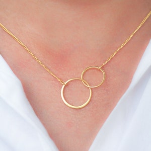 Double Linked Rings Necklace, Double Circle 14k Gold Charm, Karma Circle Necklace, Interlocking Family Circles Necklace, Birthday Gift image 1
