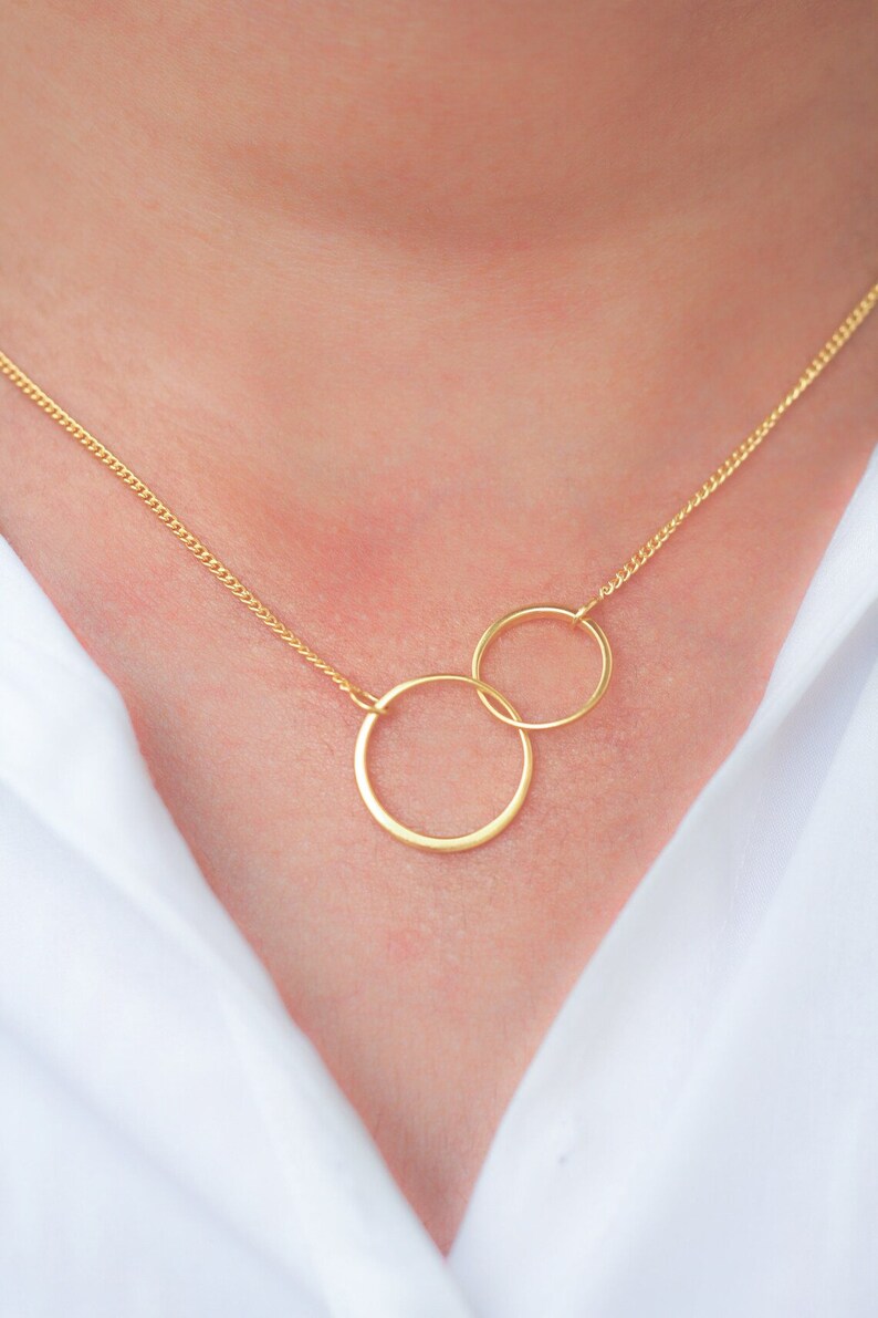 Double Linked Rings Necklace, Double Circle 14k Gold Charm, Karma Circle Necklace, Interlocking Family Circles Necklace, Birthday Gift image 1