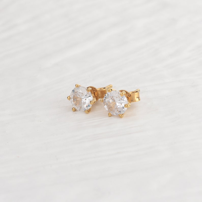 7 mm Cubic Zirconia Gold Stud, Screw Back CZ Gold Stud, Gold Earring, Prong Setting, Tiny Circle Earring, Minimalist Stud, Gift For Daughter image 3