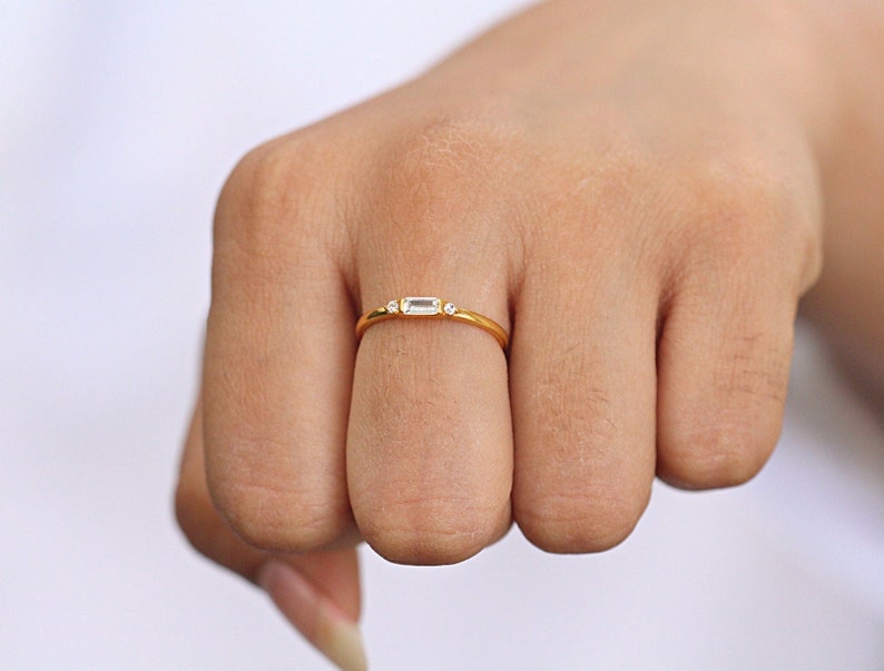 Baguette Ring, Dainty Baguette Stacking Ring, 14k Gold Vermeil Minimalist Ring, CZ Ring, Baguette Ring, Thin Baguette Ring, Delicate Ring image 1